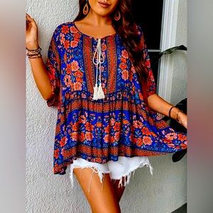 Cobalt Blue and Orange Floral Print Boho Babydoll Peplum w/Tie at the Neckline.